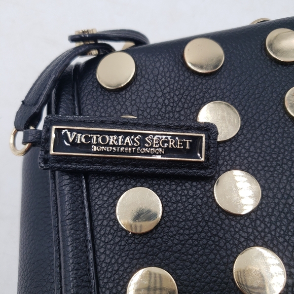 Victoria's Secret Chain Strap Shoulder Bag Gold Studded Black Faux Leather Flap - Picture 12 of 14